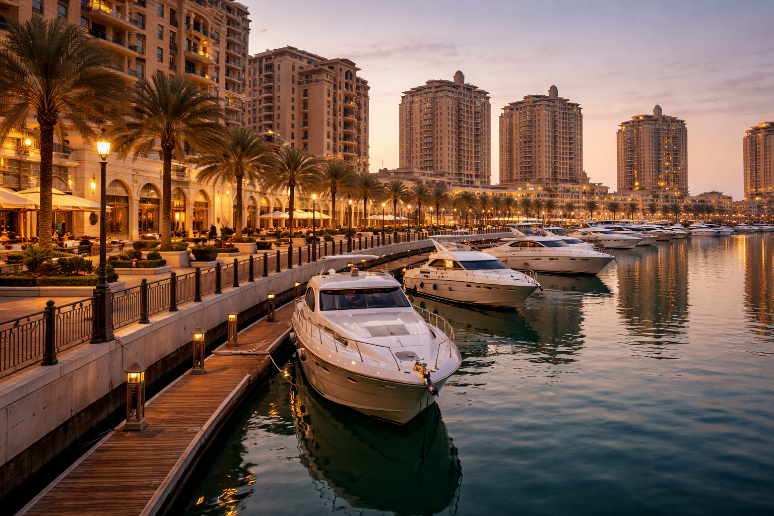 המרינה היוקרתית באזור הפנינה של קטאר עם יאכטות, טיילת, השתקפויות במים ואדריכלות מודרנית ואלגנטית