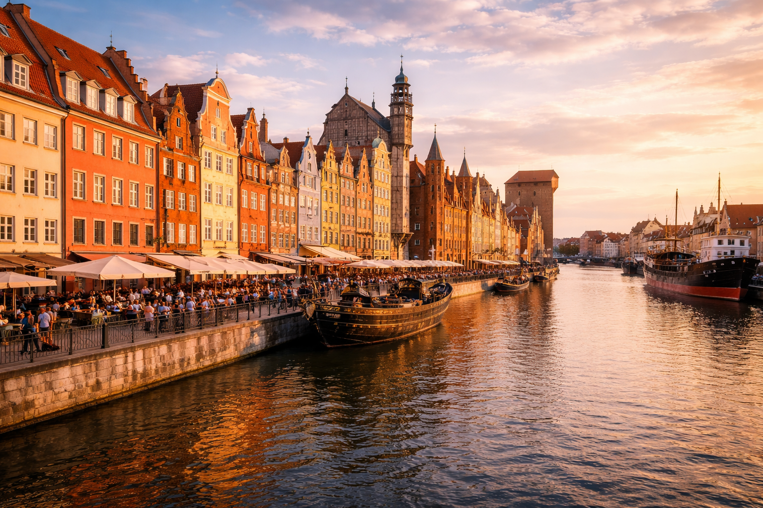 منازل تاريخية ملوّنة وكورنيش نهر موتوافا في المدينة القديمة بغدانسك