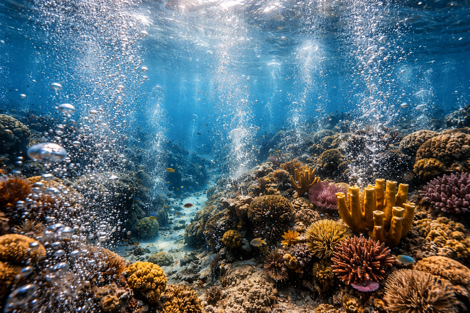 Podwodne bąbelki i koralowce na rafie Champagne