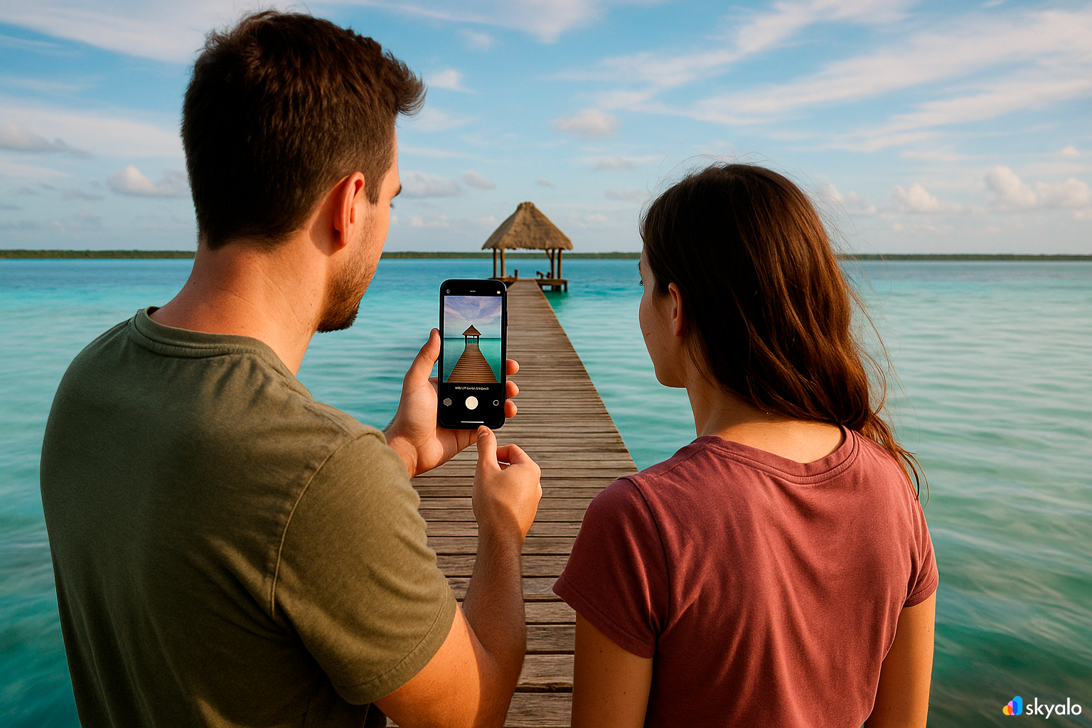 Couple on Bacalar’s pier; blue tonal shifts of the water all around