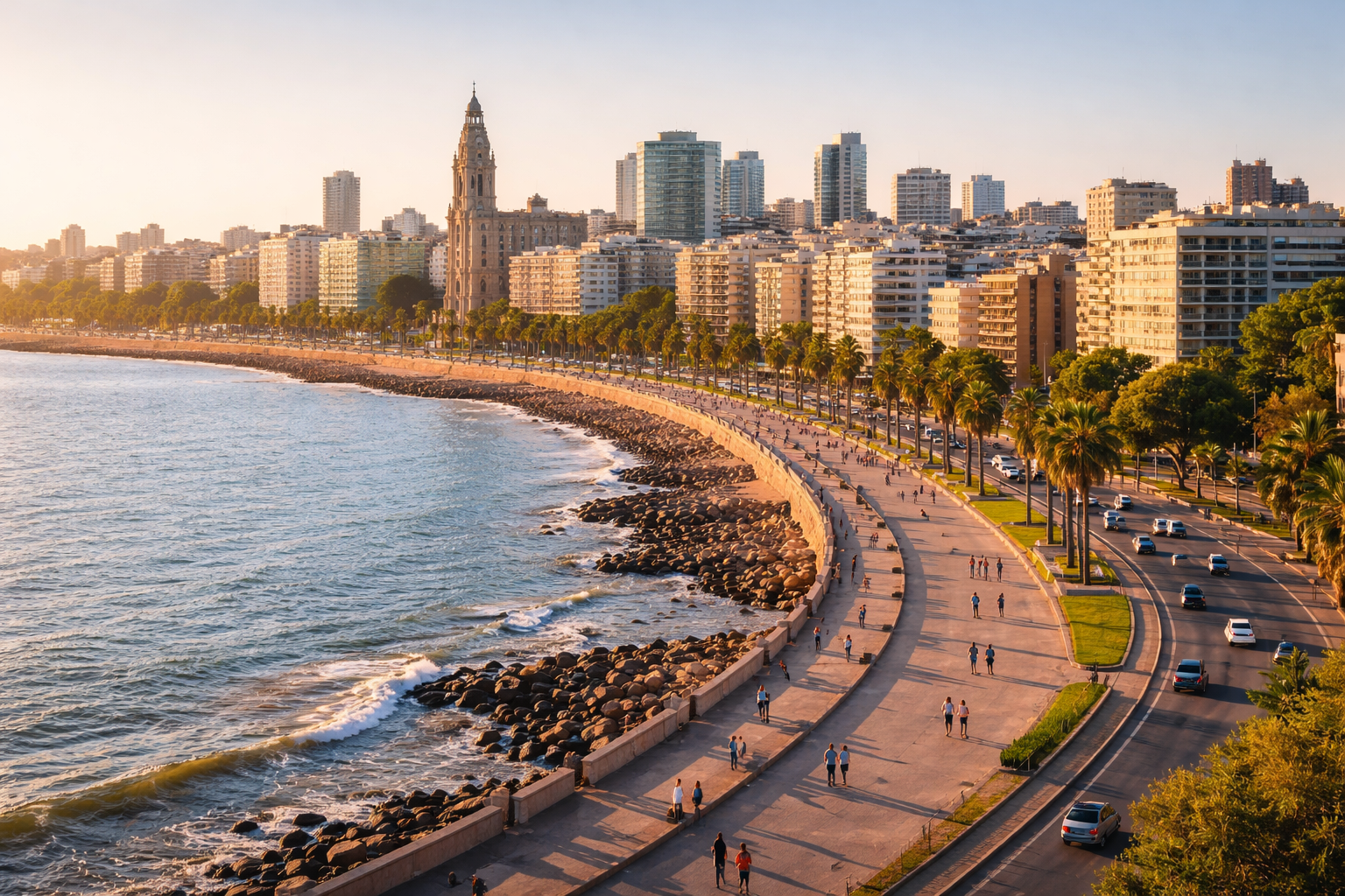 モンテビデオのランブラ海岸沿いの遊歩道、海、街並み、建築、旅の雰囲気