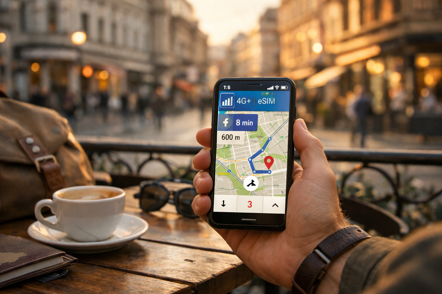 A traveler uses a smartphone with mobile internet and an eSIM for navigation around Belgrade.