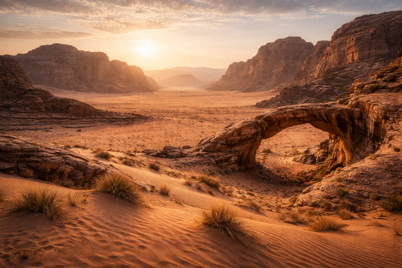 ואדי רם בירדן עם החולות האדומים, הסלעים הגבוהים, הקשתות הטבעיות והפנורמות המדבריות הרחבות באור שקיעה חם