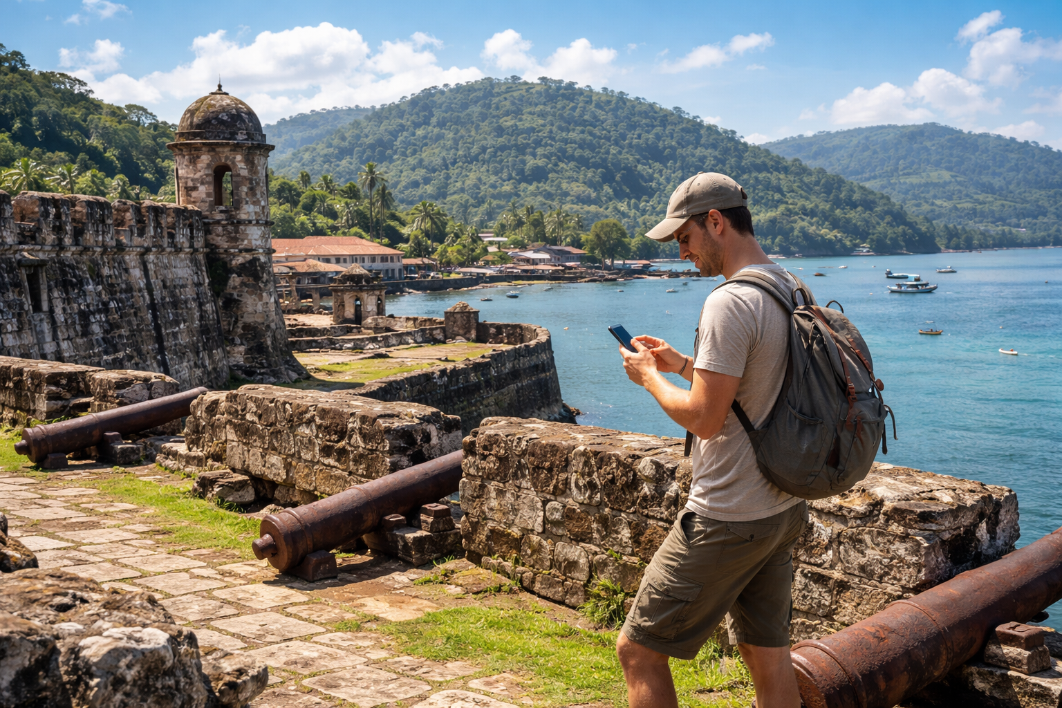 The colonial Portobelo fortress and a tourist with a smartphone using an eSIM