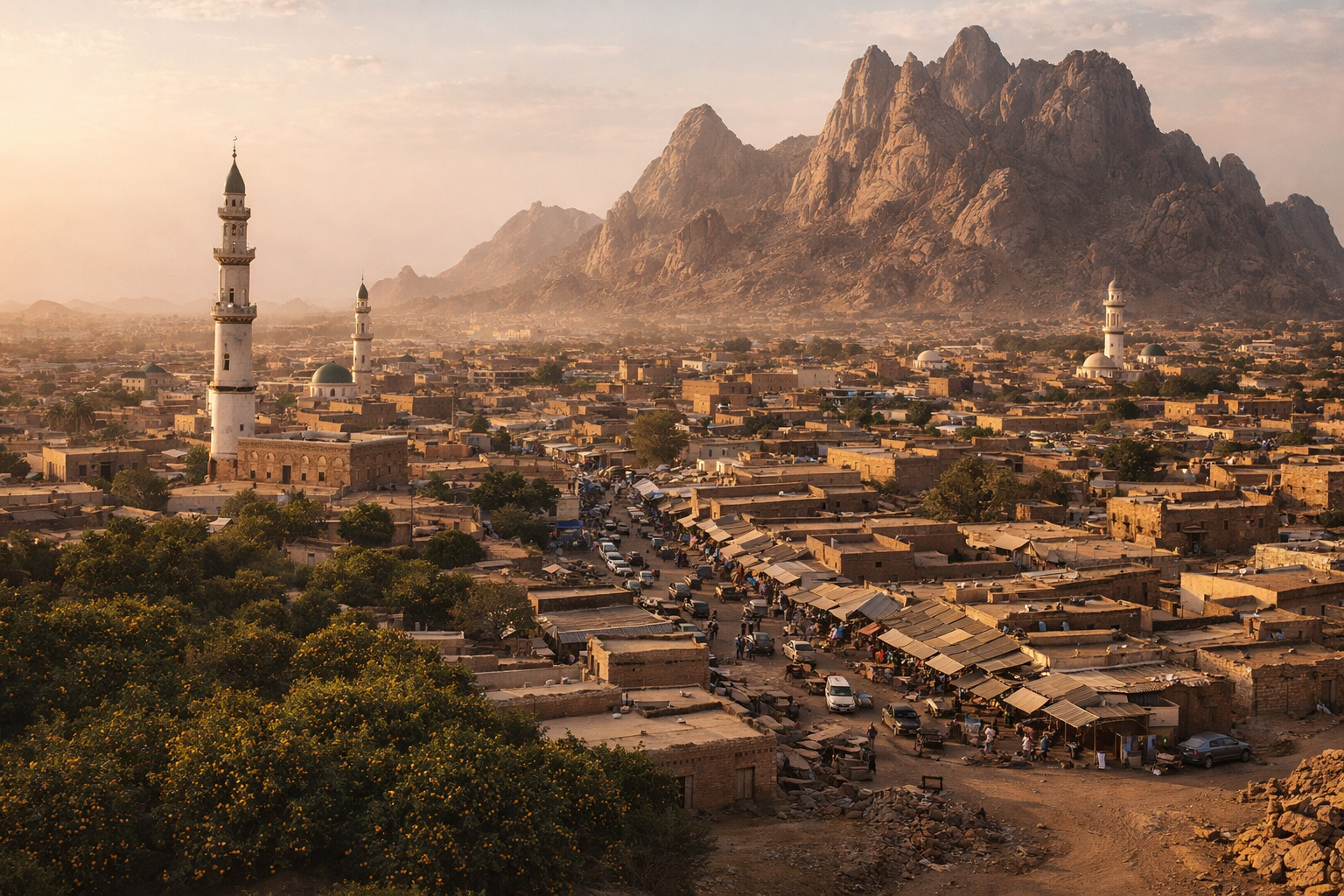 עיר קסאלה בסודן עם בנייה עירונית, גנים ירוקים והרים בולטים ברקע.