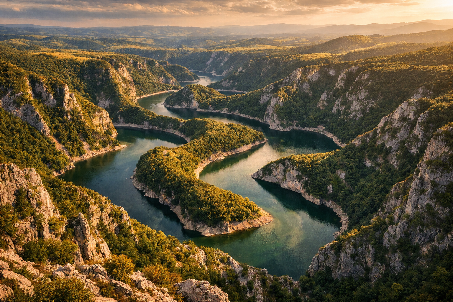 Uvac Canyon in Serbia with a winding river and viewpoints above a nature reserve.