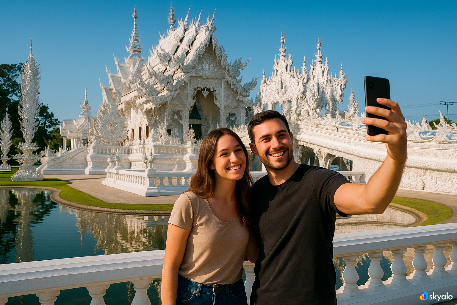 A couple at the White Temple, the Blue Temple nearby — sharing impressions online