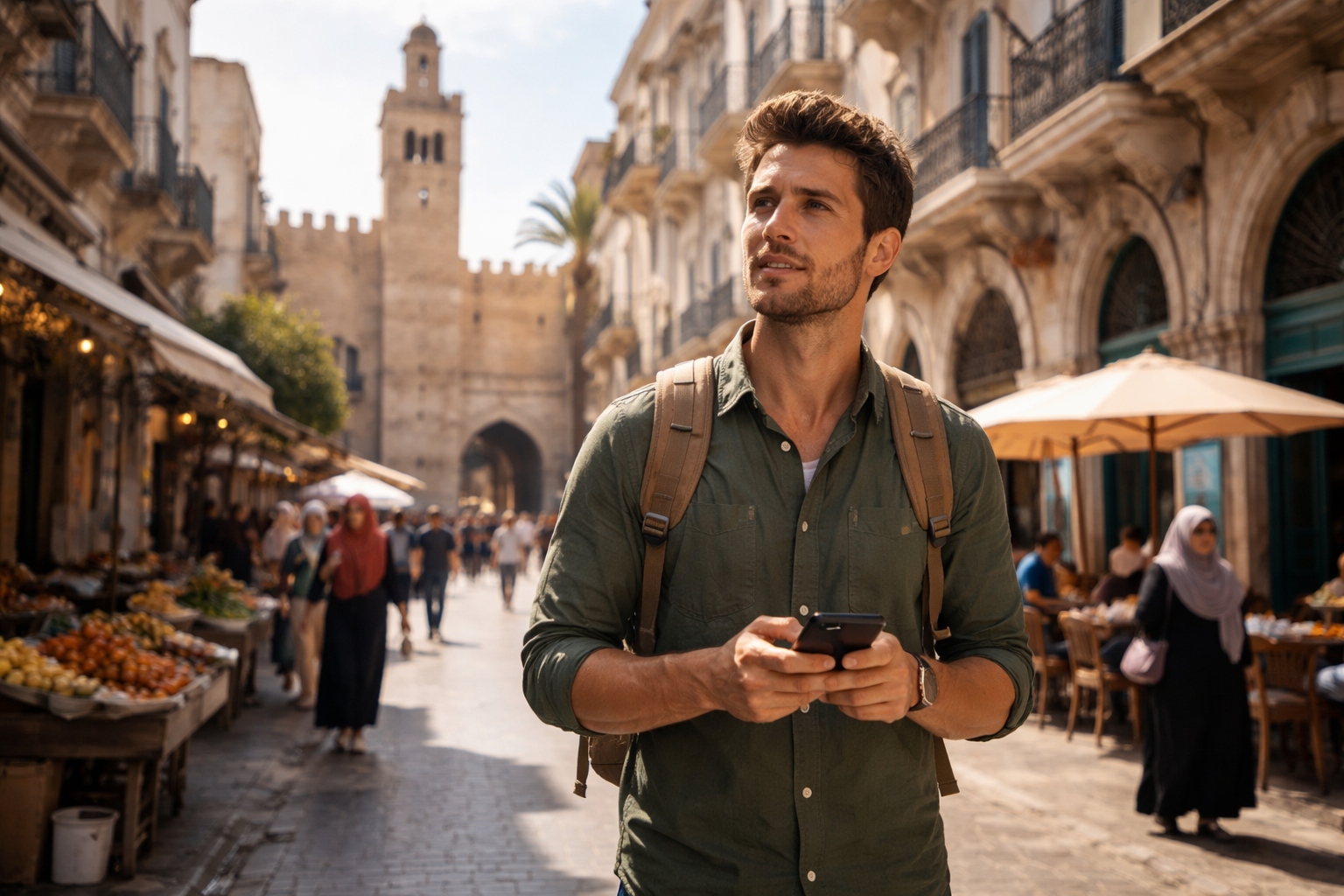 Gaten i Sfax med byarkitektur og turist med smarttelefon