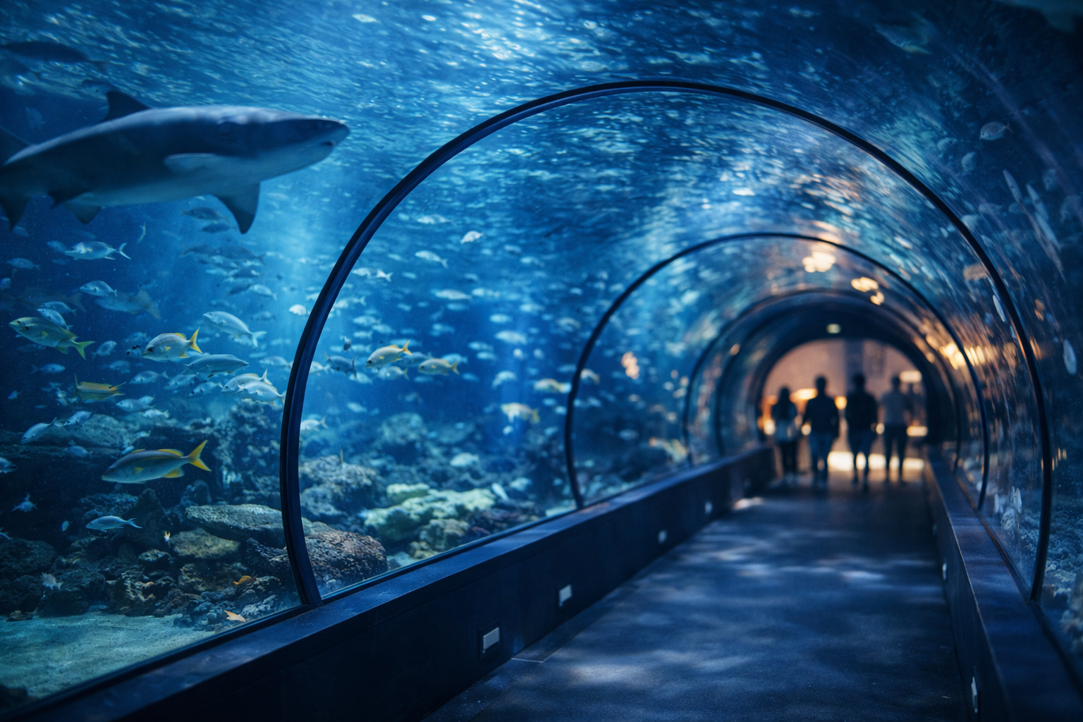 Guam Aquarium with an underwater tunnel and people in the background