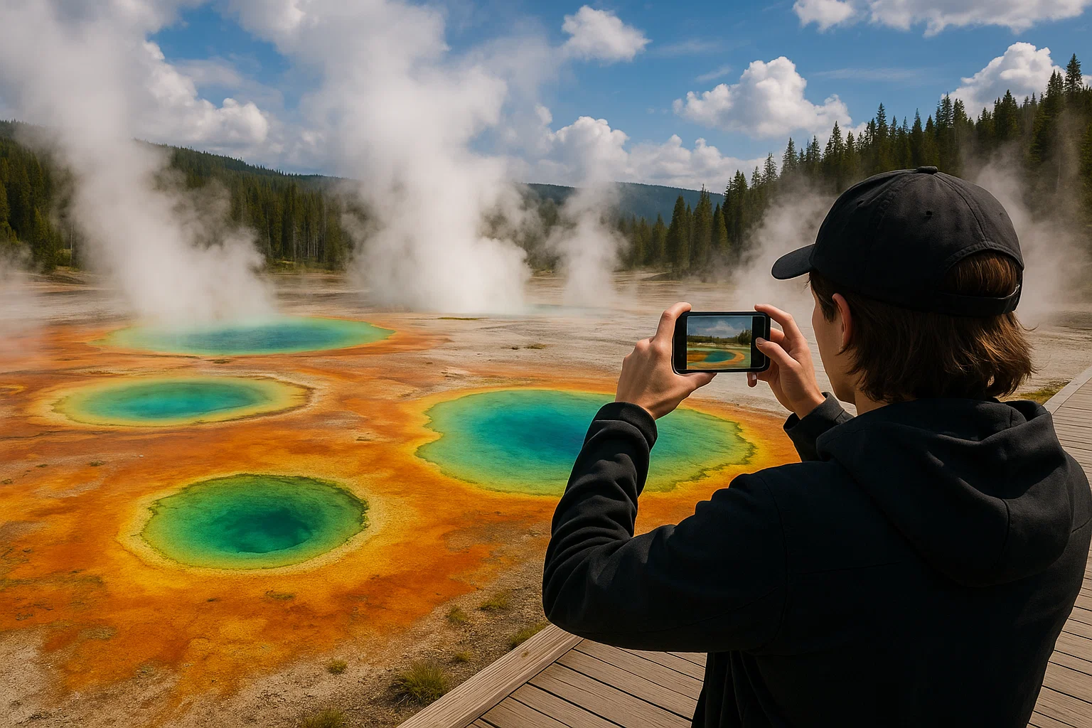Yellowstone hot springs and traveler with phone