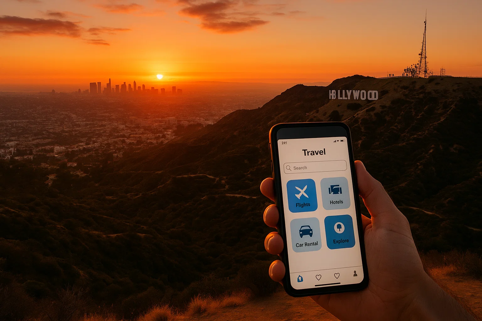 LA skyline and phone with travel app