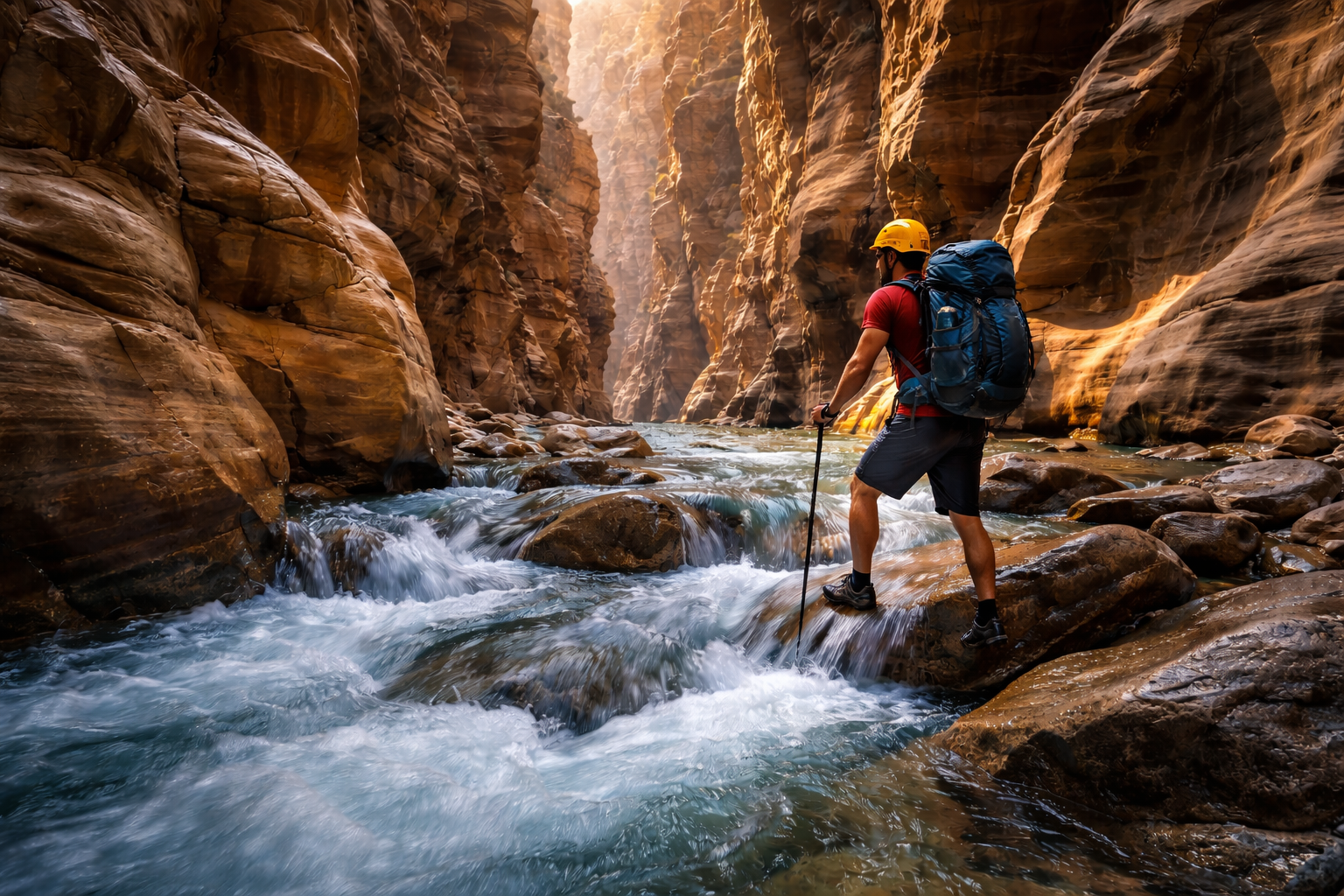 ואדי מוג׳יב בירדן עם קניון צר, זרמי מים בין סלעים גבוהים, אור שמש על קירות האבן ואווירת הרפתקה בטבע - נקודה בולטת במסלול אקטיבי עם חיבור סלולרי נוח