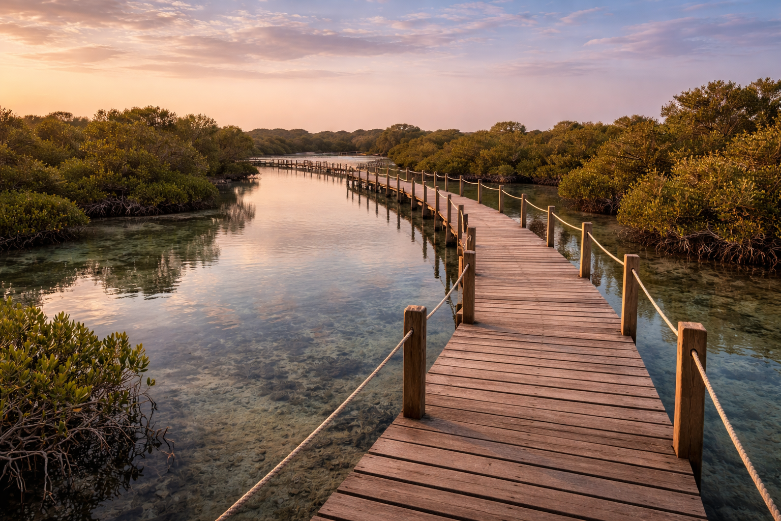 נוף טבעי של האי הסגול בקטאר עם מנגרובים, שביל עץ, מים שקטים ואווירת התבודדות