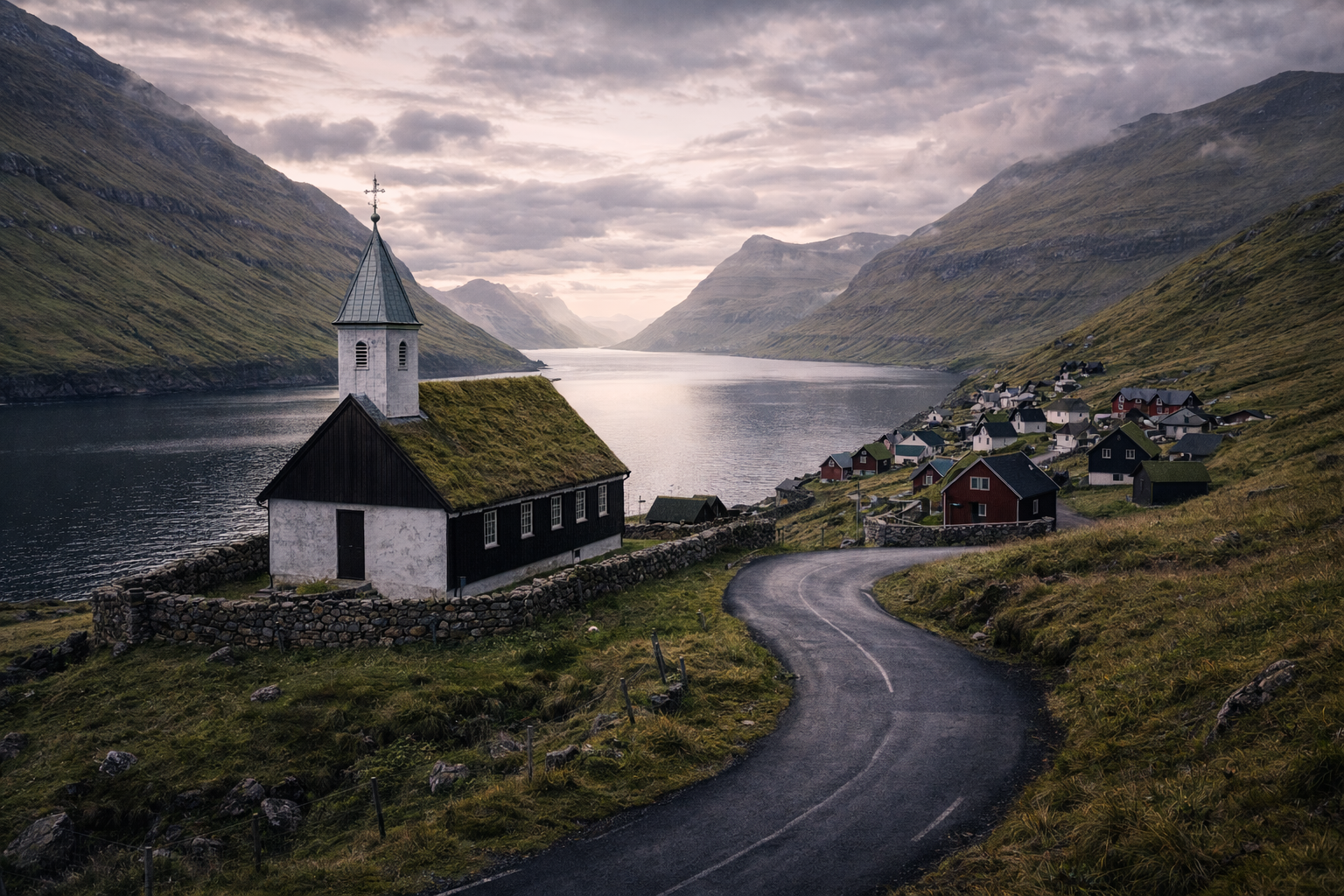 Wioska Funningur z fiordem, tradycyjnym kościołem, domami i zielonymi górami na Wyspach Owczych