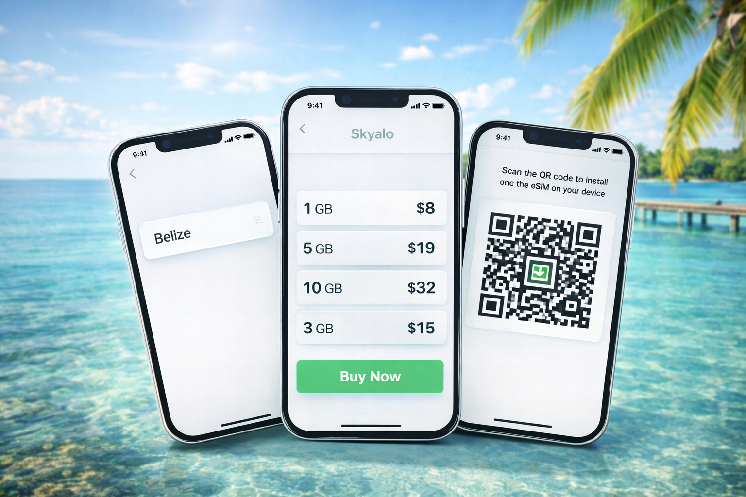 Три смартфони з інтерфейсом застосунку Skyalo на тлі тропічного пляжу Беліза - вибір країни, тарифи та QR-код для встановлення eSIM