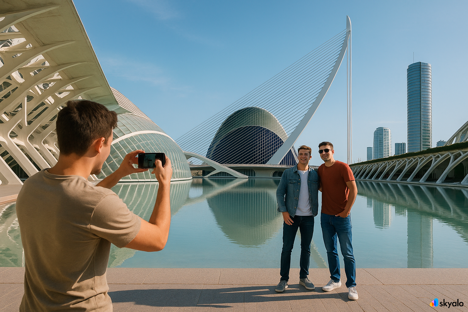 Friends taking group photos at Valencia’s City of Arts and Sciences, instantly sharing via eSIM