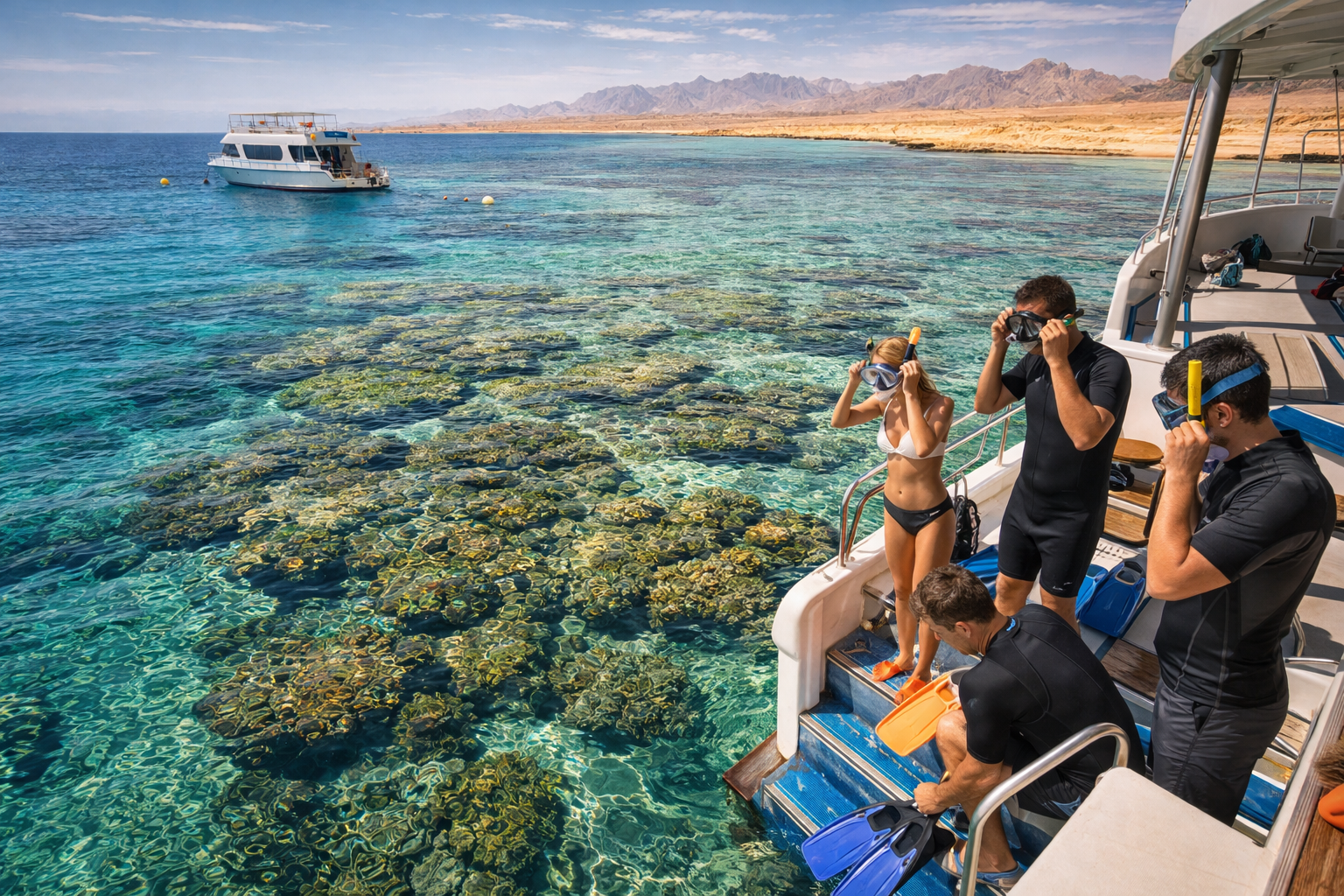 Ras Mohammed National Park and Red Sea coral reefs with tourists on a boat — traveling with eSIM