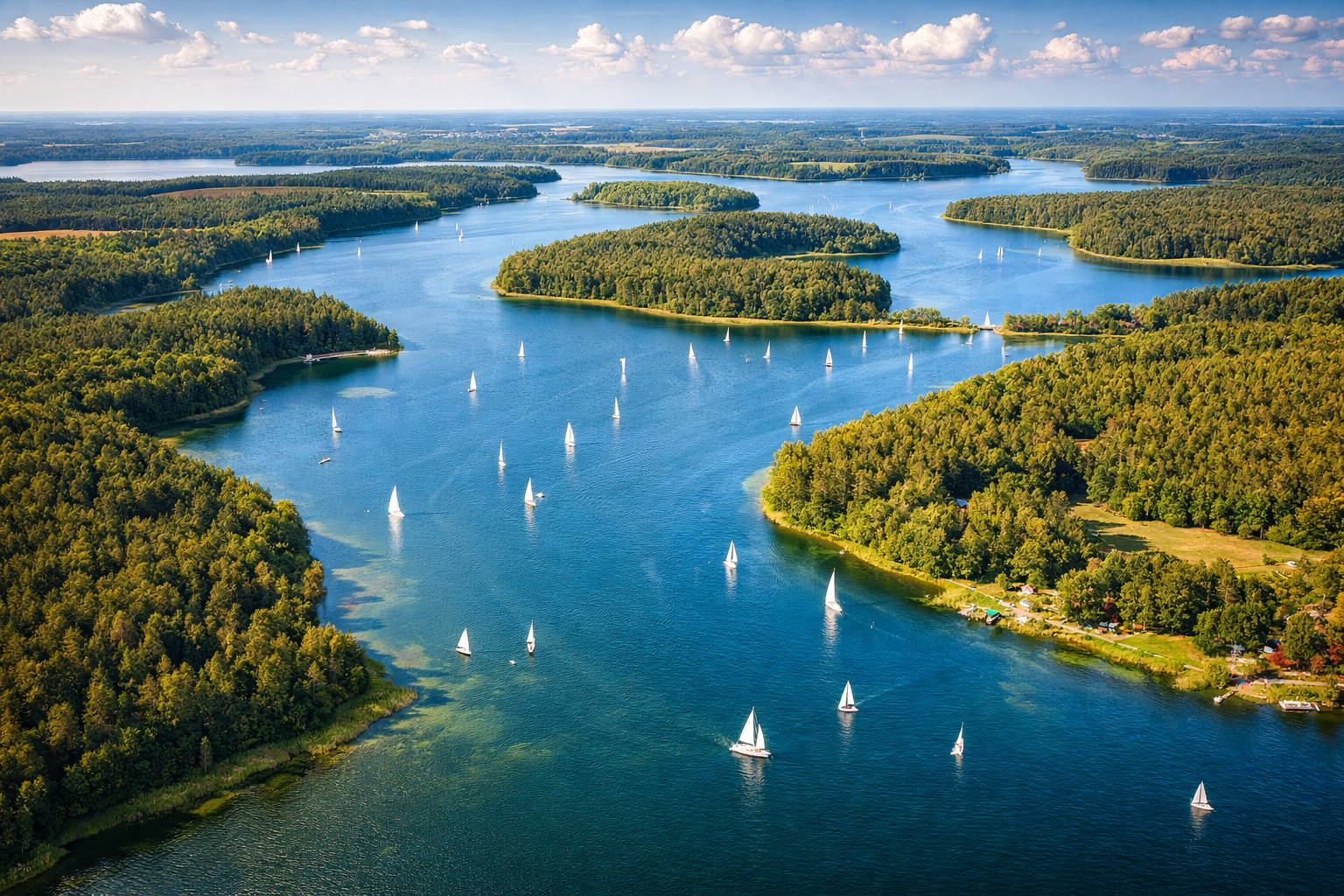 منظر طبيعي لبحيرات مازوري مع بحيرات صافية وغابات ويخوت