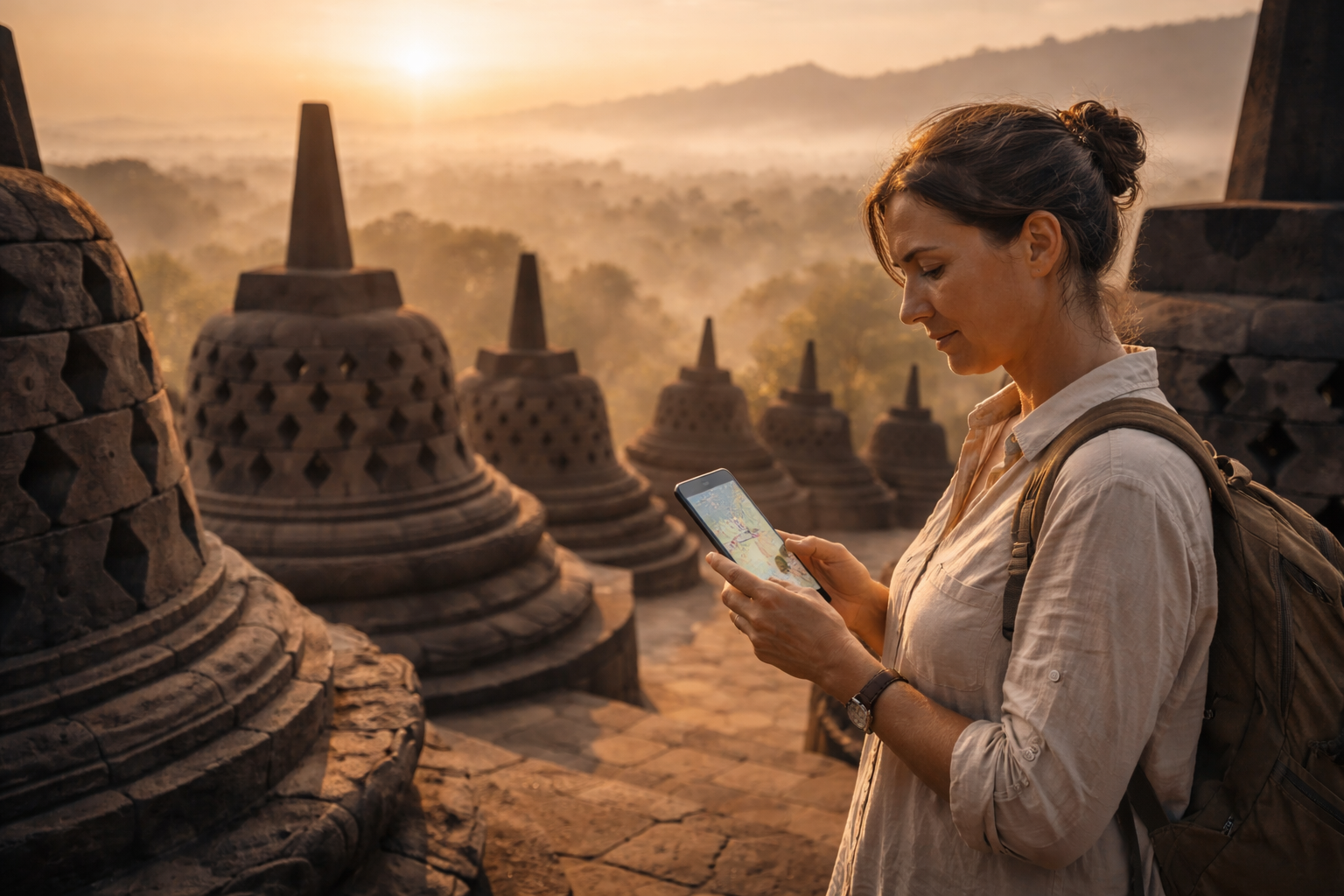 Borobudur Temple is an ancient Buddhist temple on the island of Java.