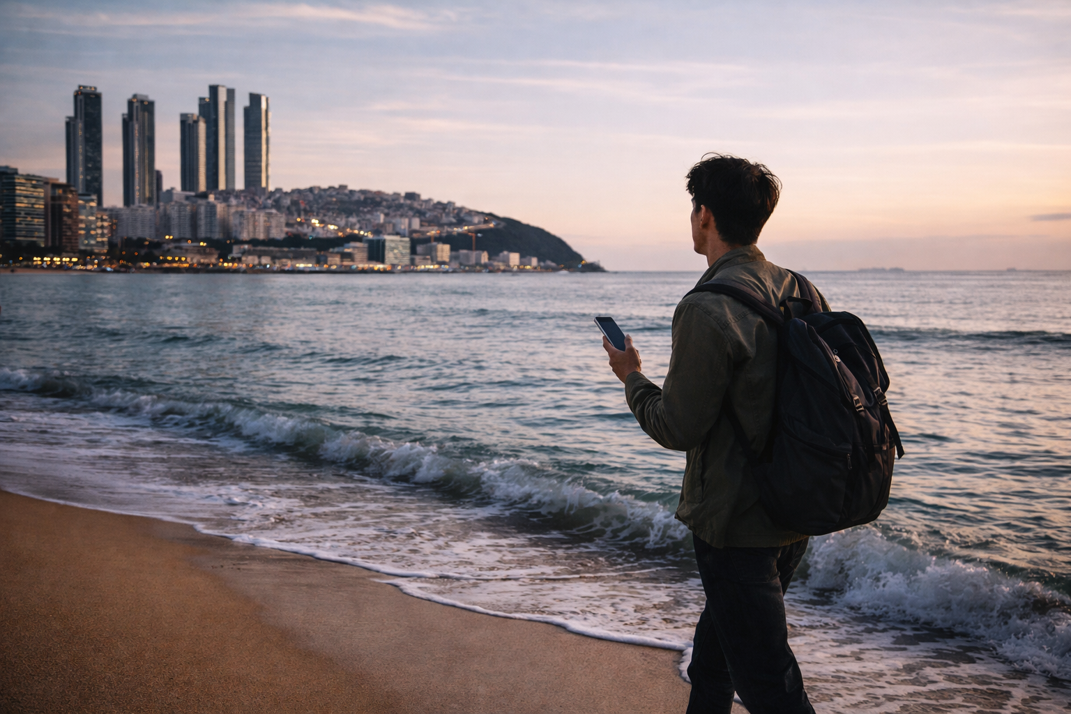 Podróżnik na plaży w Pusanie z widokiem na miasto