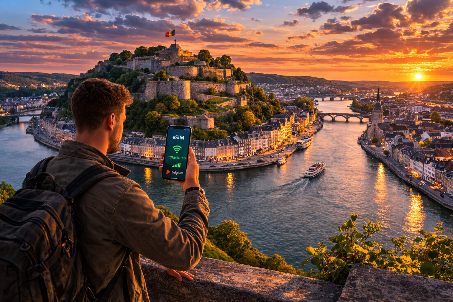 Un viaggiatore alla cittadella di Namur usa uno smartphone con internet eSIM