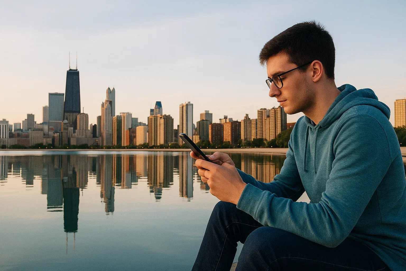 Chicago lakeside with phone user
