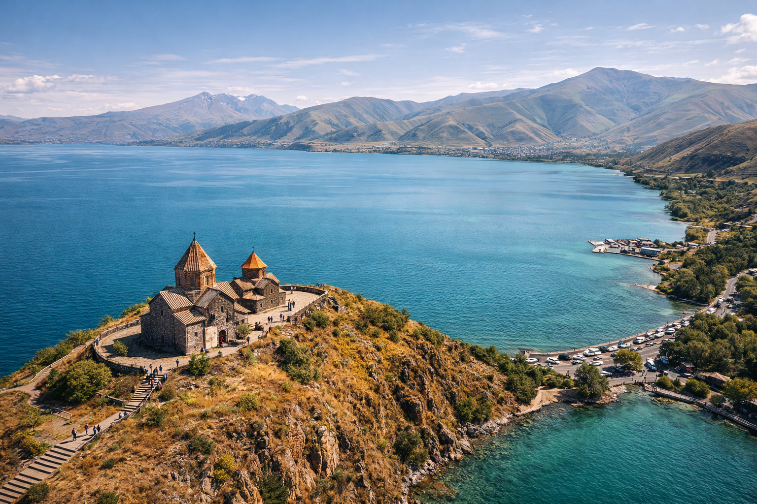 Lake Sevan and Sevanavank Monastery from above