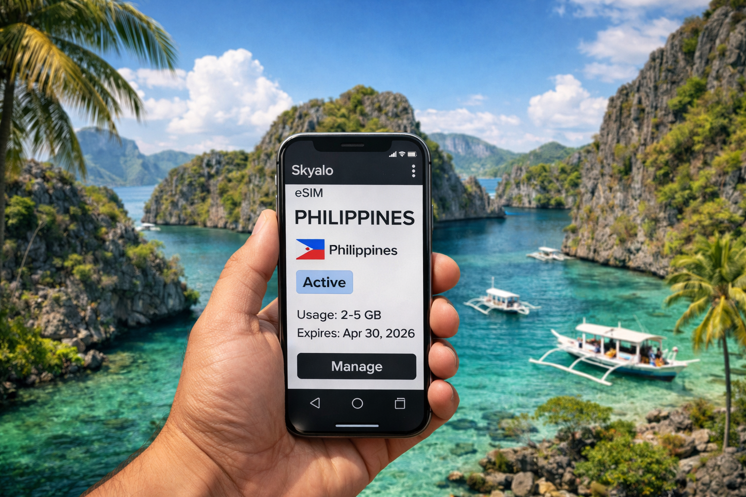 A smartphone with an activated eSIM for the Philippines against a backdrop of a turquoise lagoon and Palawan’s tropical islands.
