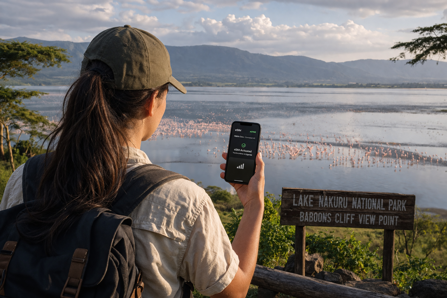 Nakuru di Uganda dengan tasik, burung dan pelancong dengan telefon pintar dan eSIM berlatarbelakangkan alam yang tenang