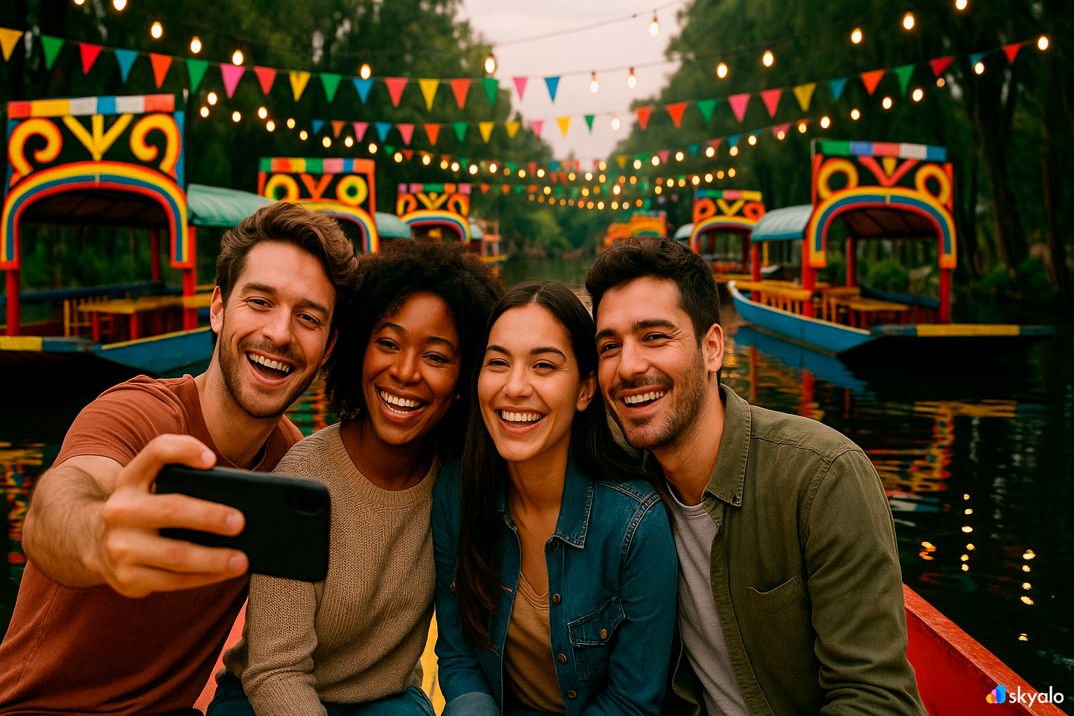 Friends on a trajinera in Xochimilco; group selfie on a phone, vivid boats and calm-water reflections behind