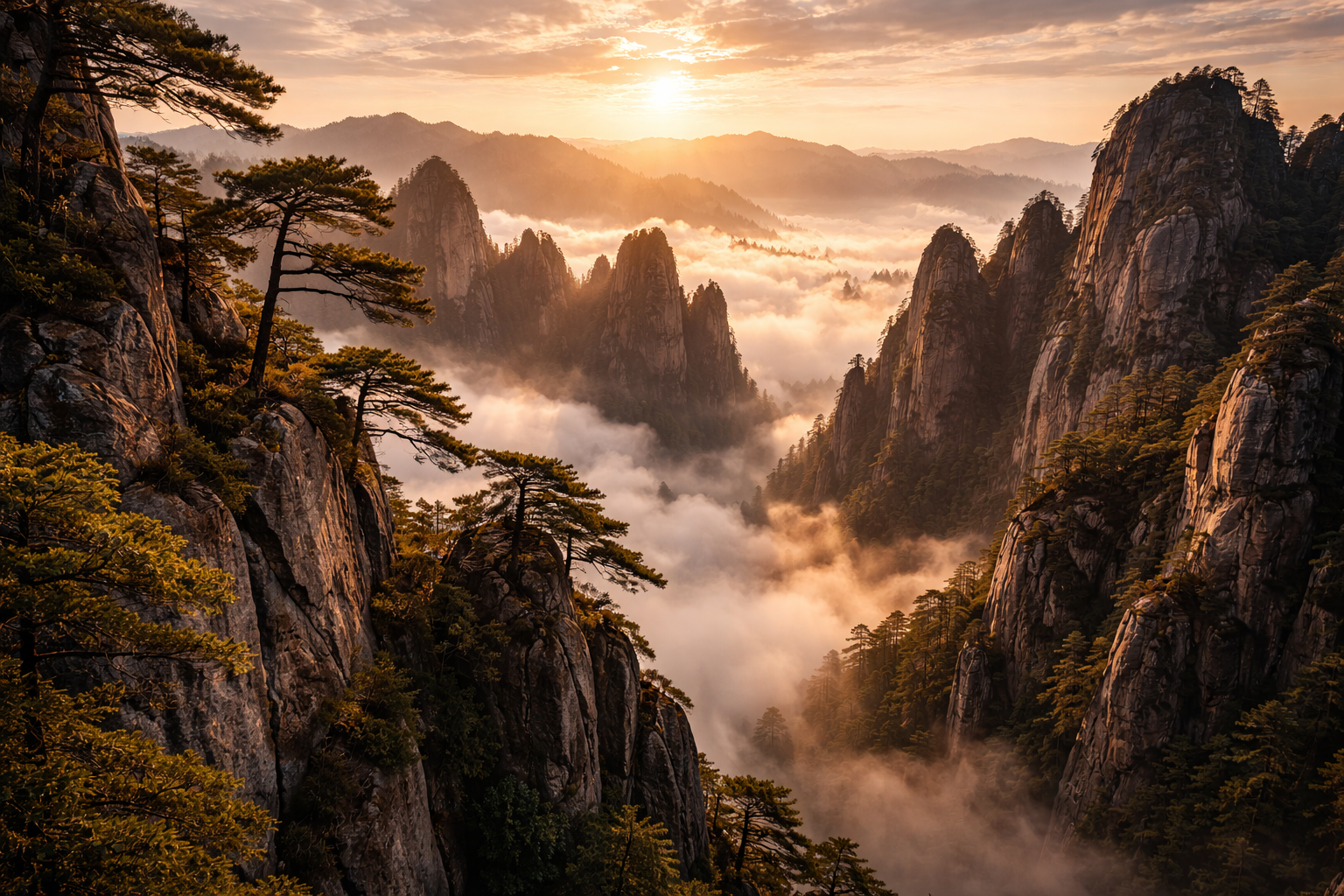 Huangshan Mountains with pine trees and clouds  