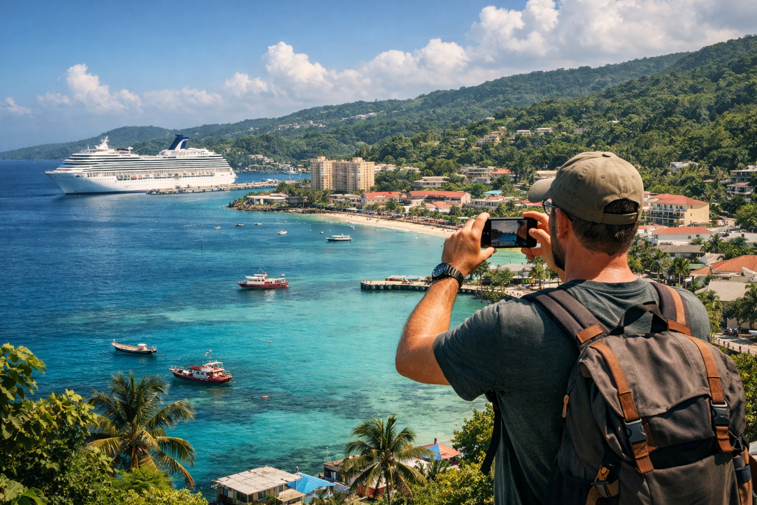 Ocho Rios coastline with harbor and green hills, a tourist in the background taking a photo on a smartphone