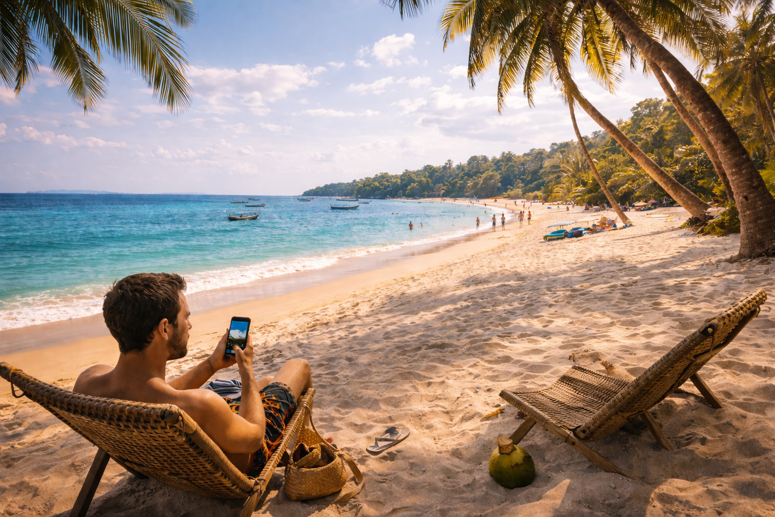 Isole Îles de Los in Guinea: viaggiatori usano uno smartphone con eSIM in spiaggia