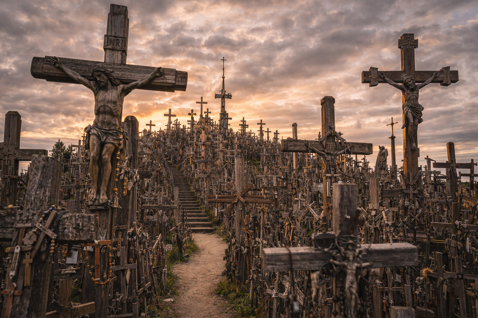 The Hill of Crosses in Lithuania with thousands of wooden and metal crosses on the hill