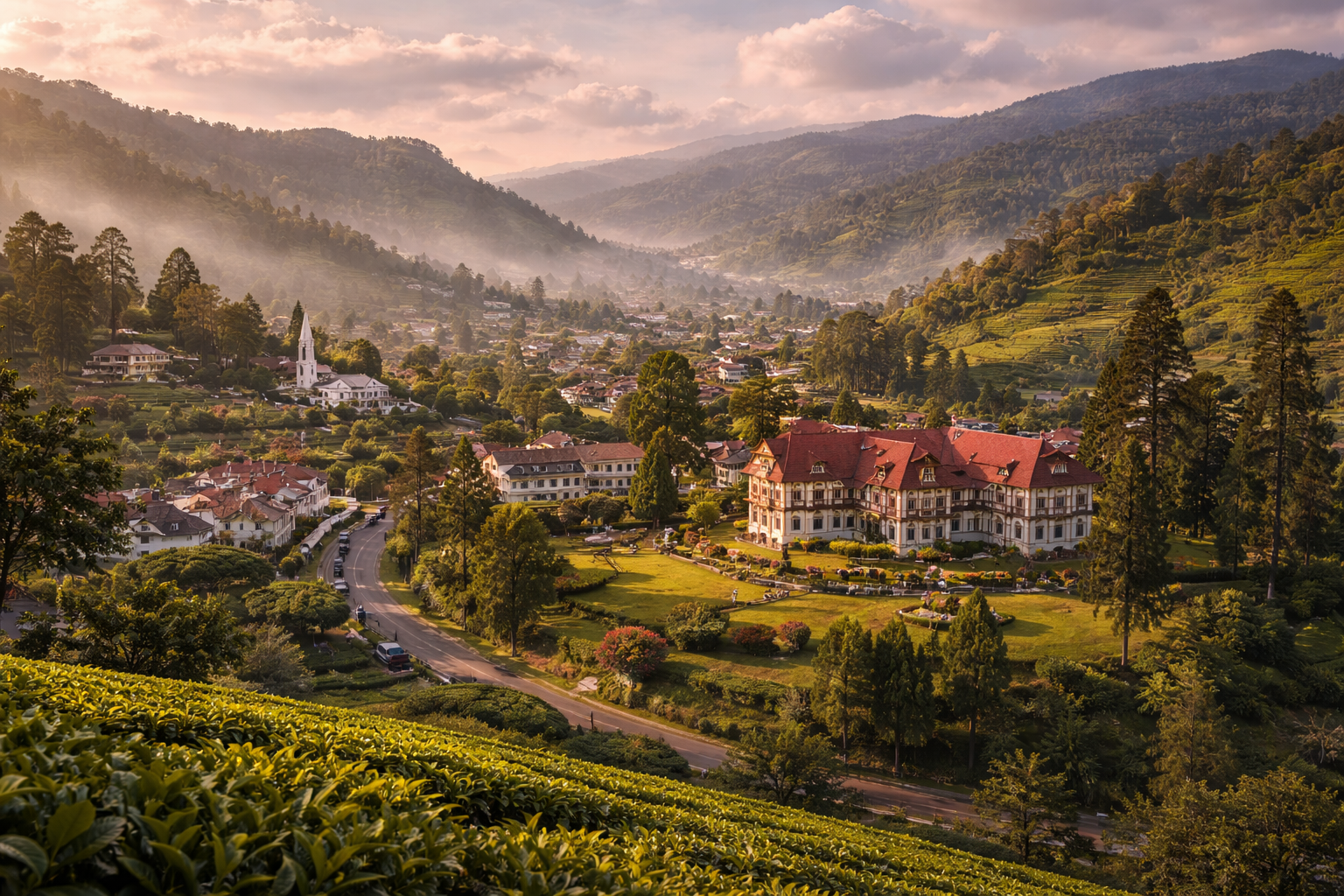 The hill town of Nuwara Eliya among tea plantations in central Sri Lanka.
