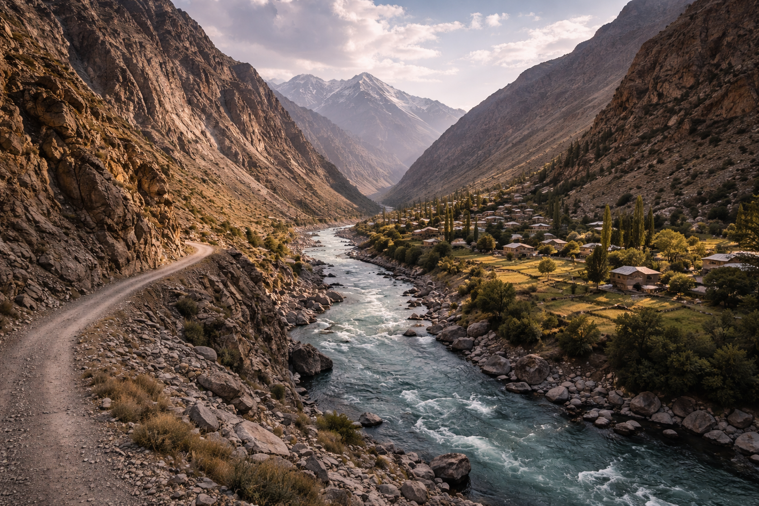 עמק ברטאנג בטג'יקיסטן עם קניון הררי, נהר, כביש צר ותחושת מסלול מרוחק בגובה רב.