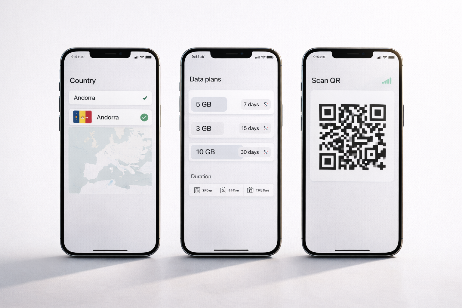Three smartphones showing eSIM activation steps for Andorra