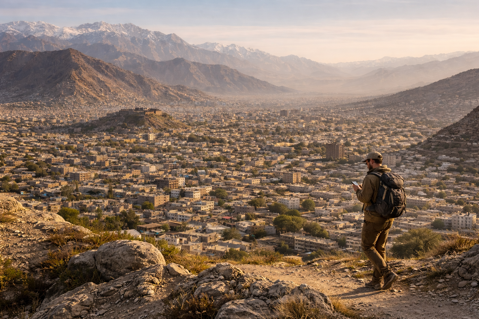 A panorama of Kabul with mountains in the background and a traveler with a smartphone with an active eSIM