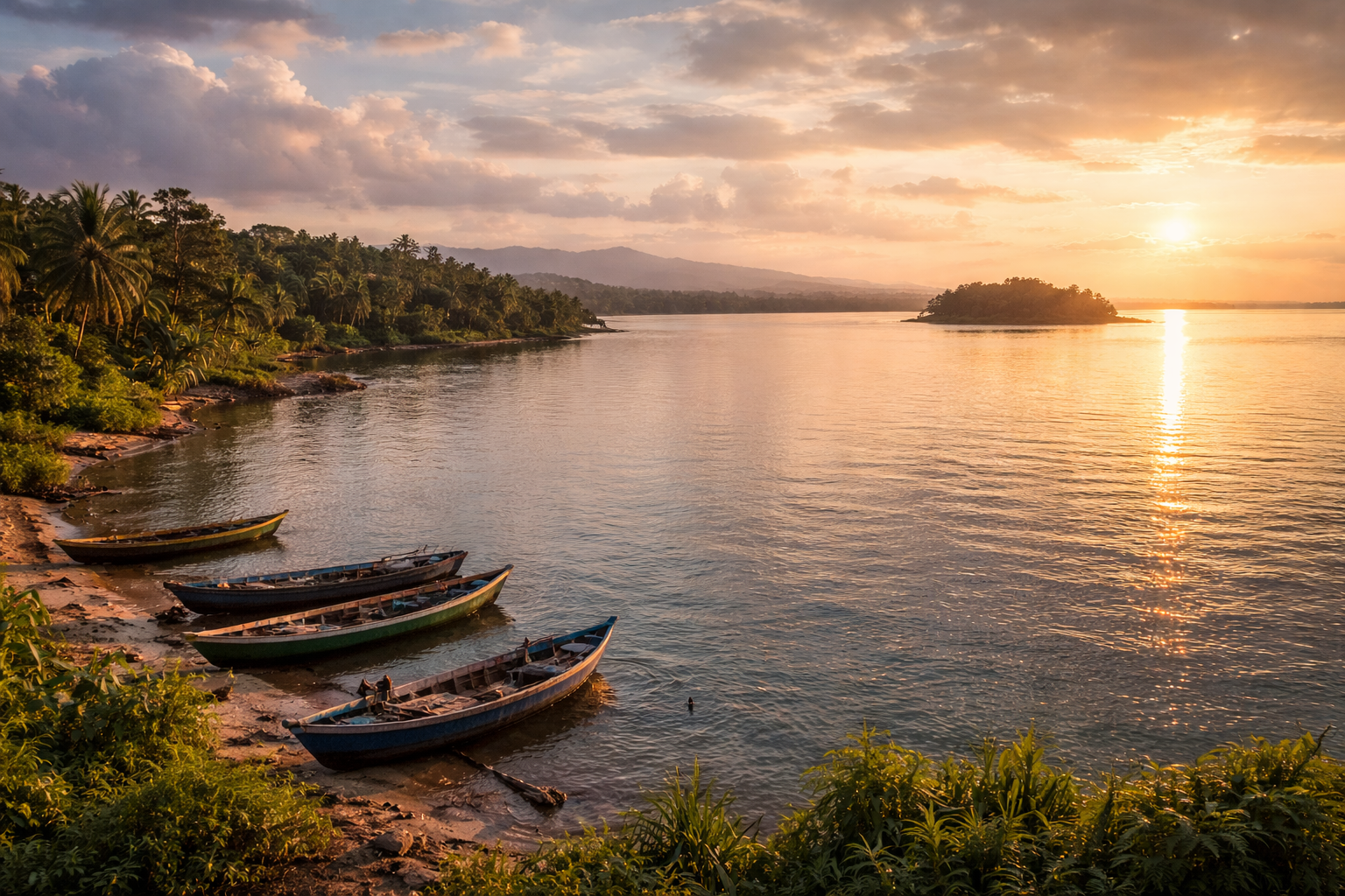 Tasik Victoria di Uganda dengan permukaan air yang luas, tebing hijau, bot dan suasana tenang tasik besar Afrika