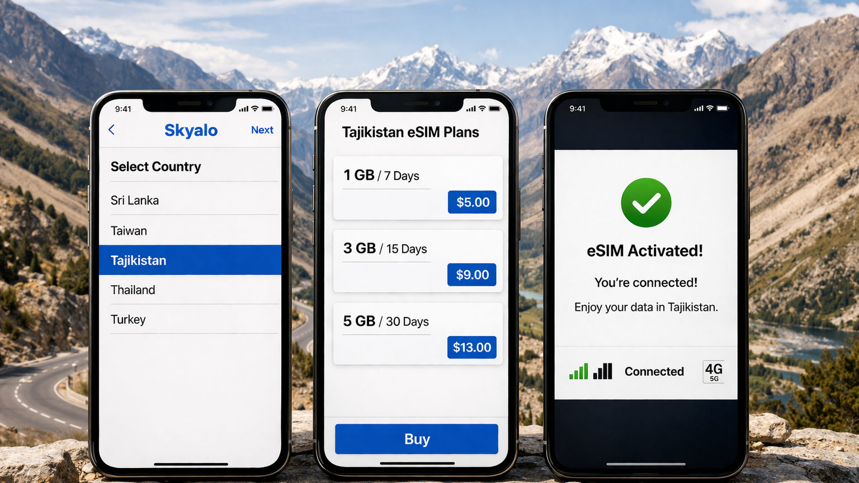 שלושה סמארטפונים עם חיבור eSIM לטג'יקיסטן שלב אחר שלב: בחירת מדינה, בחירת חבילה והפעלה מוצלחת של האינטרנט הסלולרי.