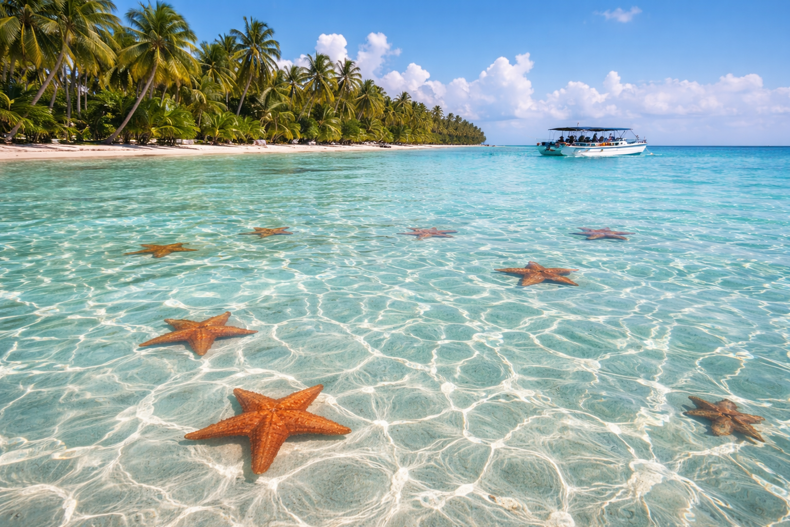 Aigua transparent a prop de l’illa Saona amb estrelles de mar i una barca al fons