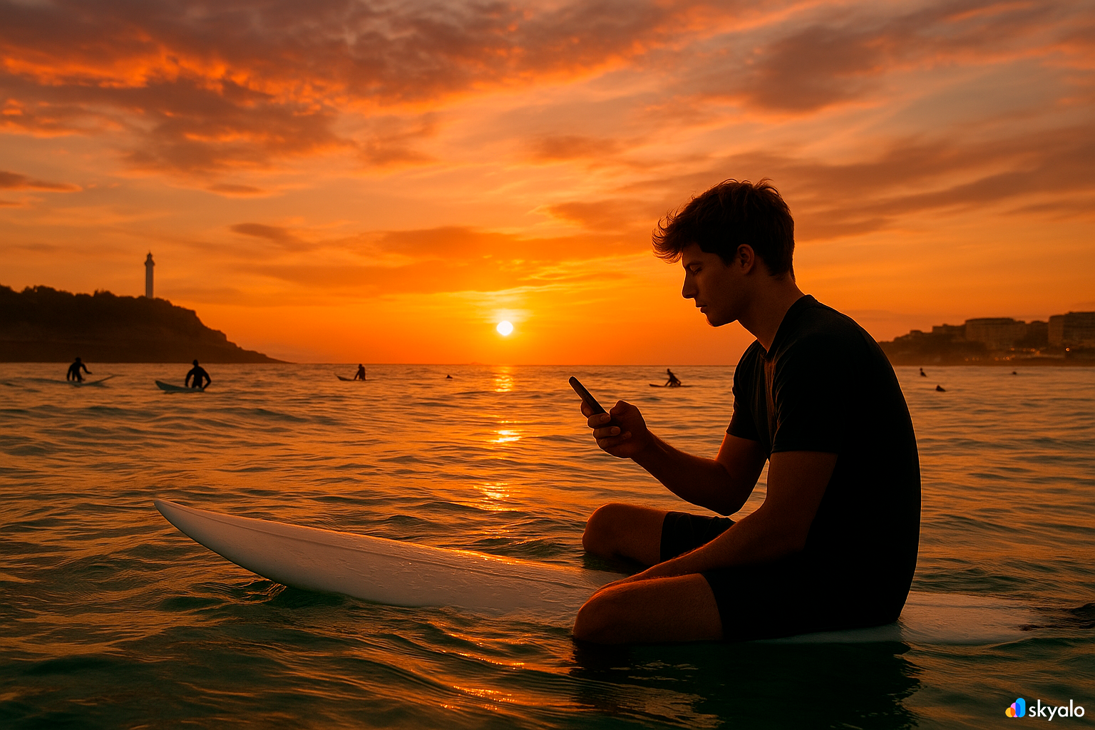 Surfers on Biarritz beach with tourist using Skyalo eSIM