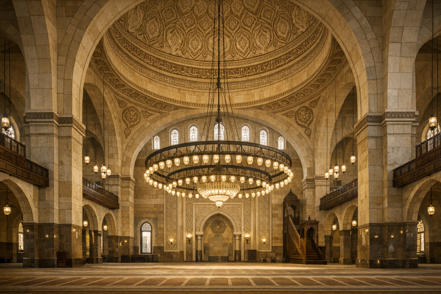 פנים מסגד אל-פאתח עם כיפה גדולה ותאורה רכה בבחריין