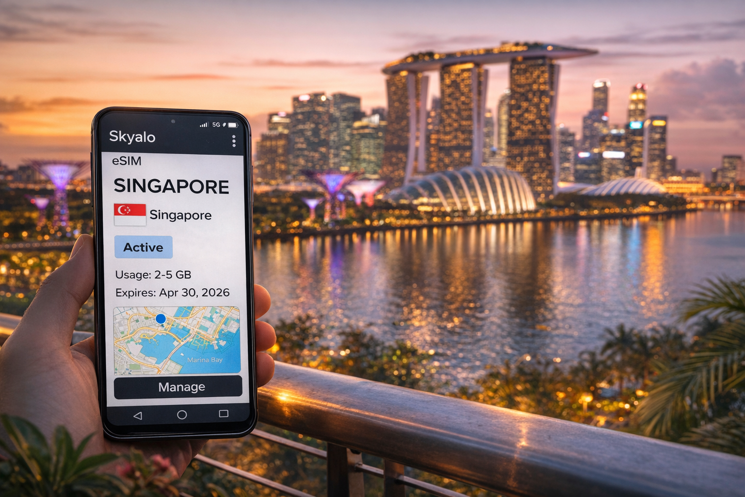 Setting up an eSIM for mobile data in Singapore on a smartphone with a Marina Bay panorama.