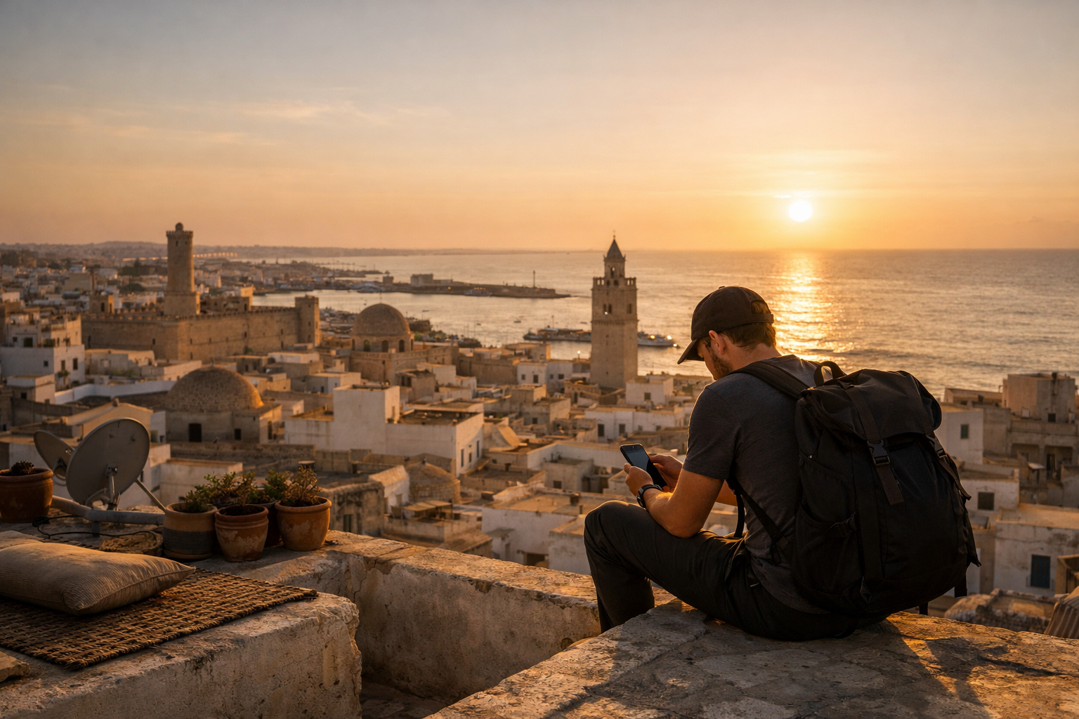 Utsikt fra et tak over gamlebyen i Sousse og turist med smarttelefon