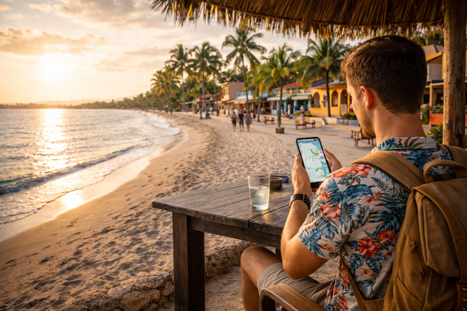 קו החוף השקט של העיר טלה בהונדורס עם דקלים, טיילת ומטייל עם סמארטפון עם eSIM פעילה