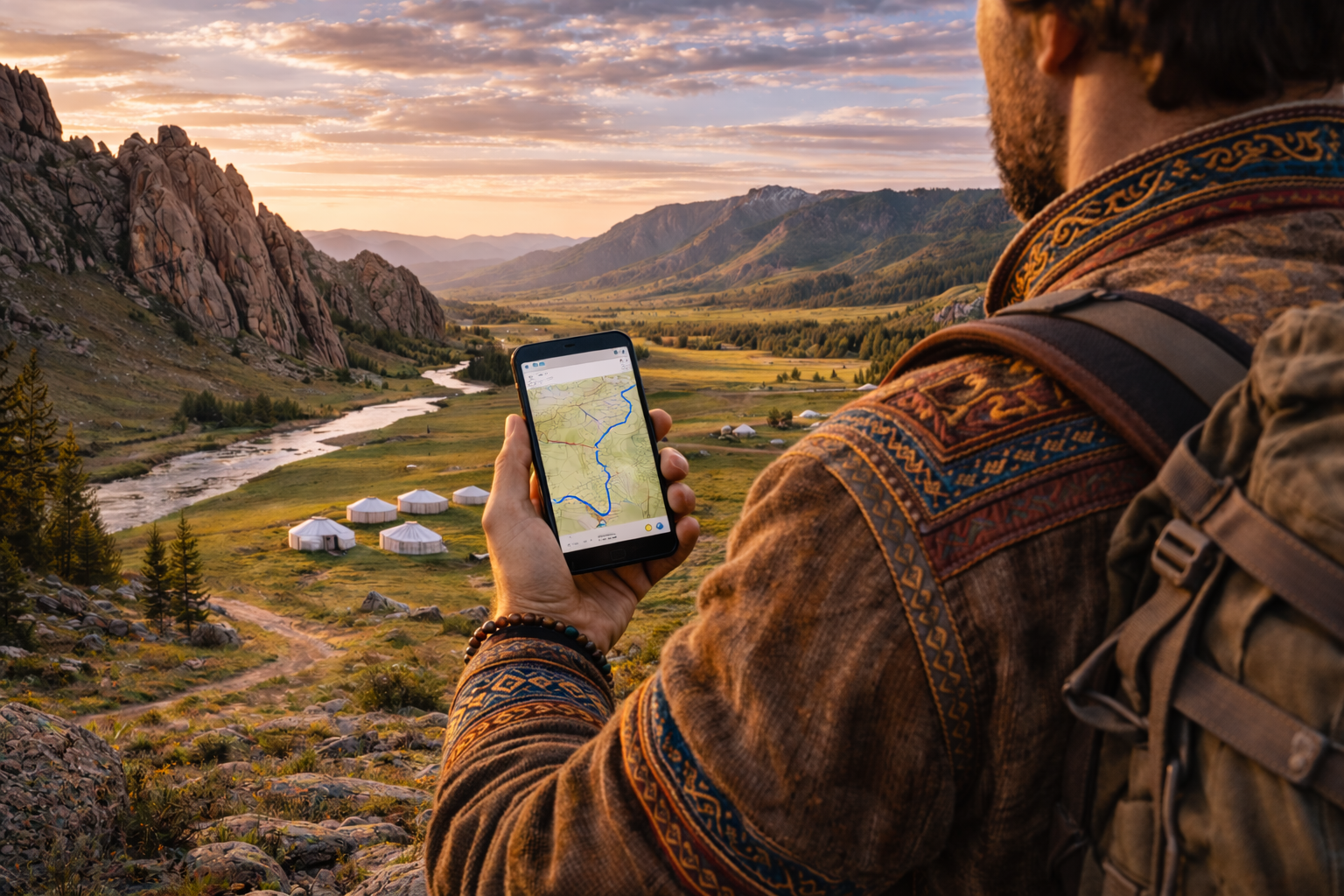 El Parque Nacional Terelj con rocas de piedra, un valle verde y un viajero con smartphone en plena naturaleza