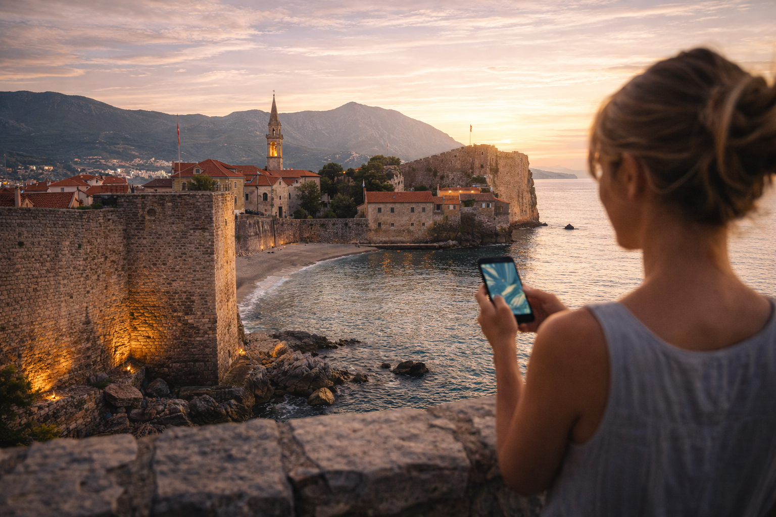 Budva Old Town and a tourist with a smartphone
