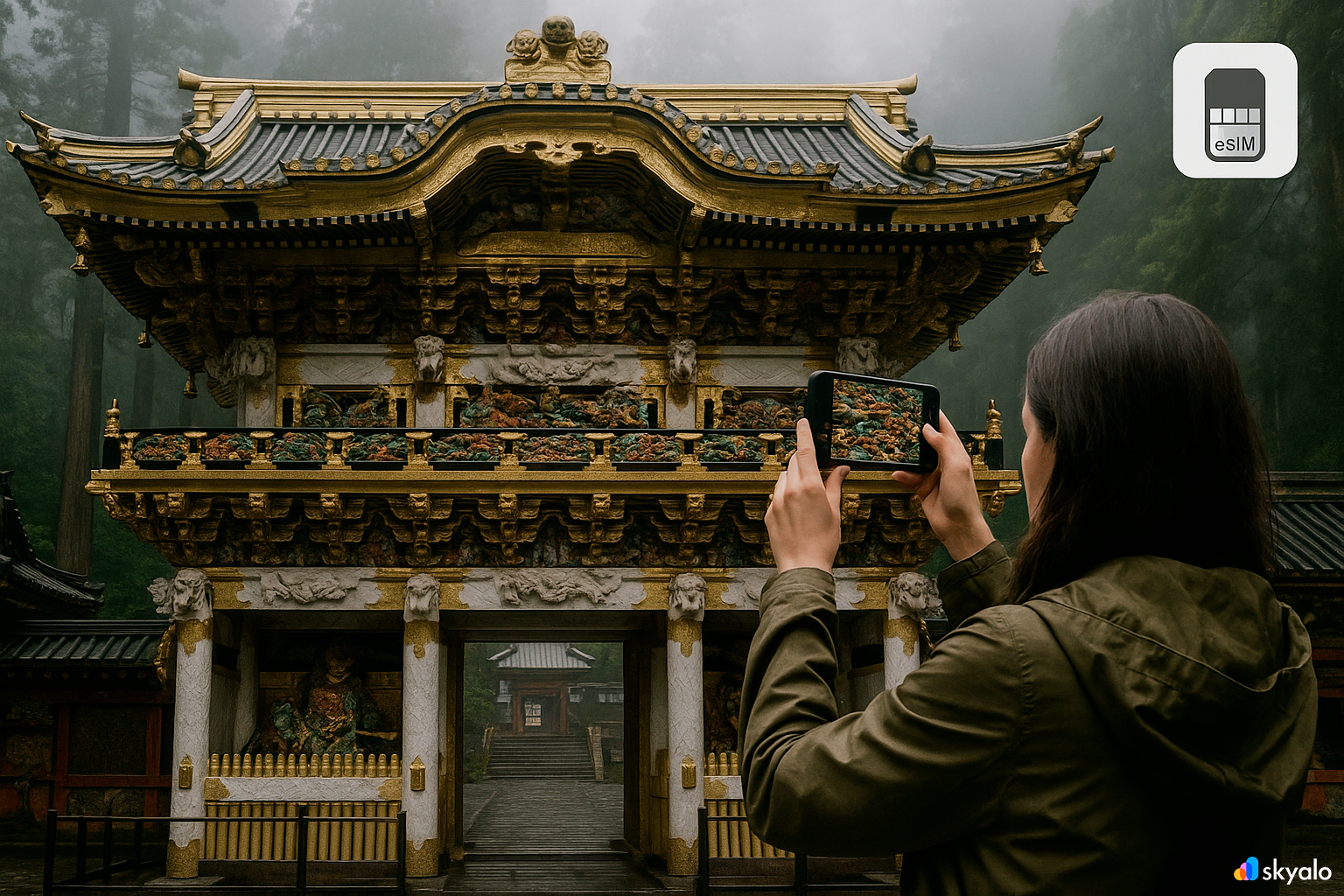 Traveler photographing the ornate Toshogu gates; misty forest in the background, staying connected with eSIM