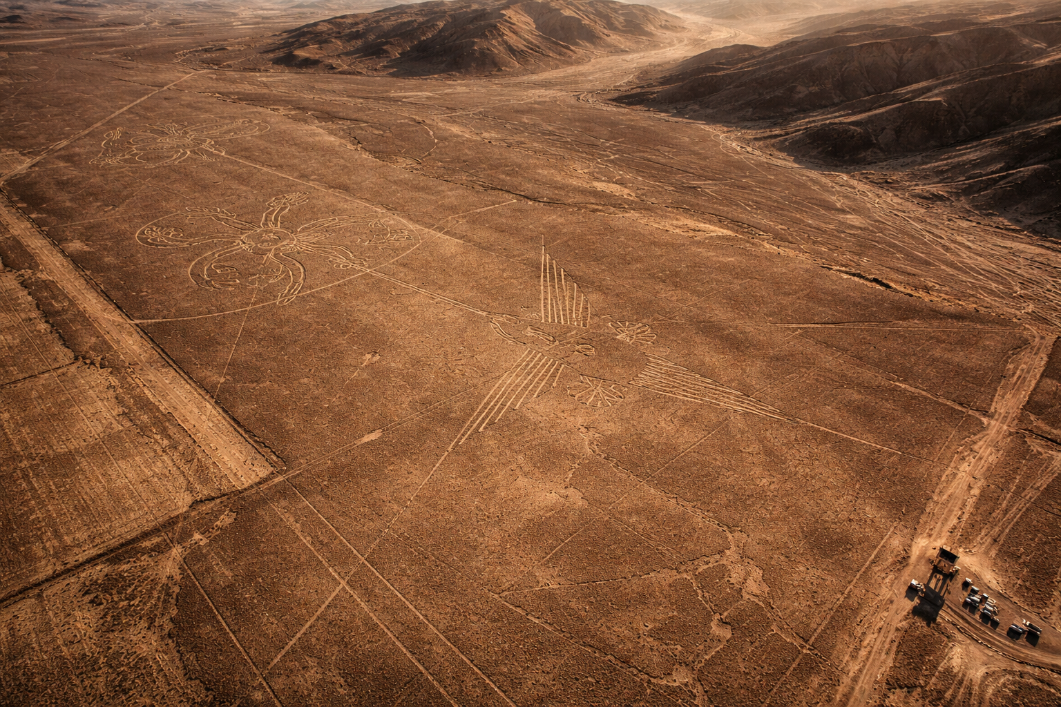 Geoglify linii Nazca na pustyni Peru z ogromnymi starożytnymi rysunkami